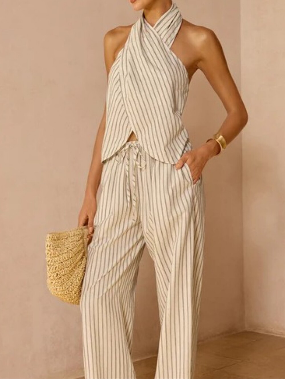 NWT Striped Cotton Linen Halter Top & Pants Set - Cream Stripe
